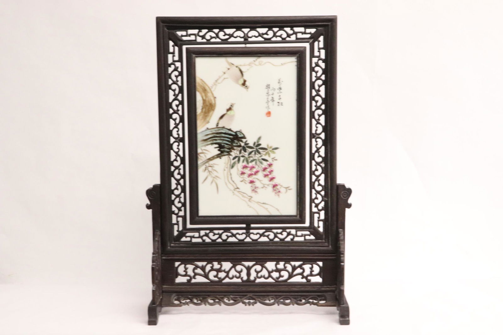 Fine Chinese framed porcelain plaque on stand (1 of 10)