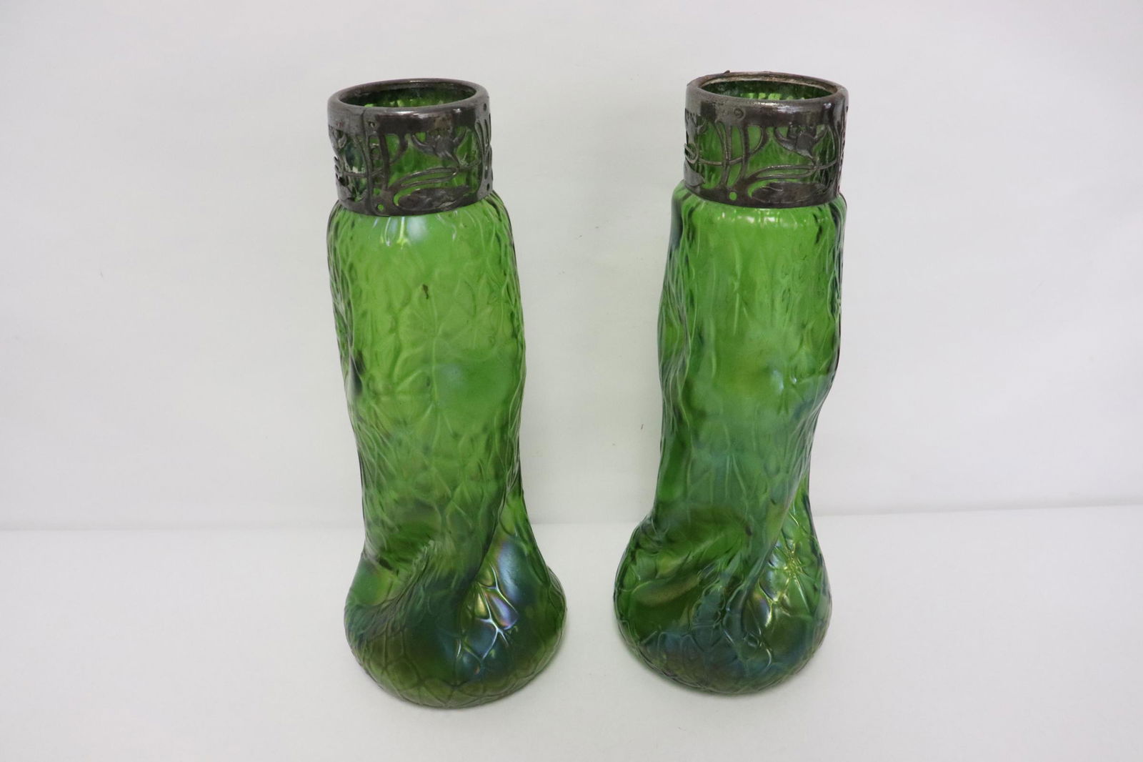 2 green iridescent glass vases, possible by Loetz: 2 art nouveau green iridescent glass vases, possible by Loetz, 11.7"x4.75"dia