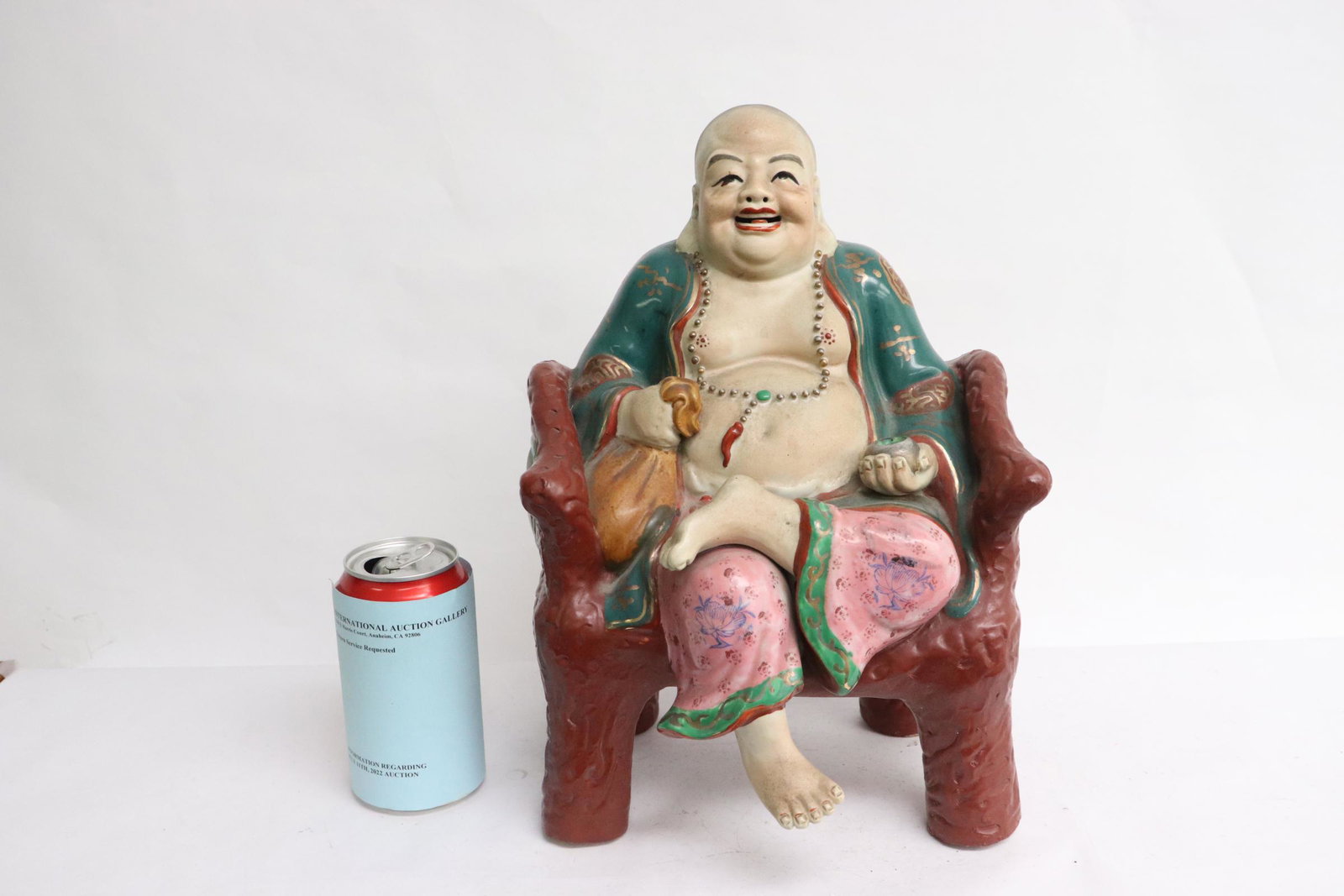 Vintage Chinese hand painted earthenware sculpture: Vintage Chinese hand painted earthenware sculpture of deity, 12.7"H