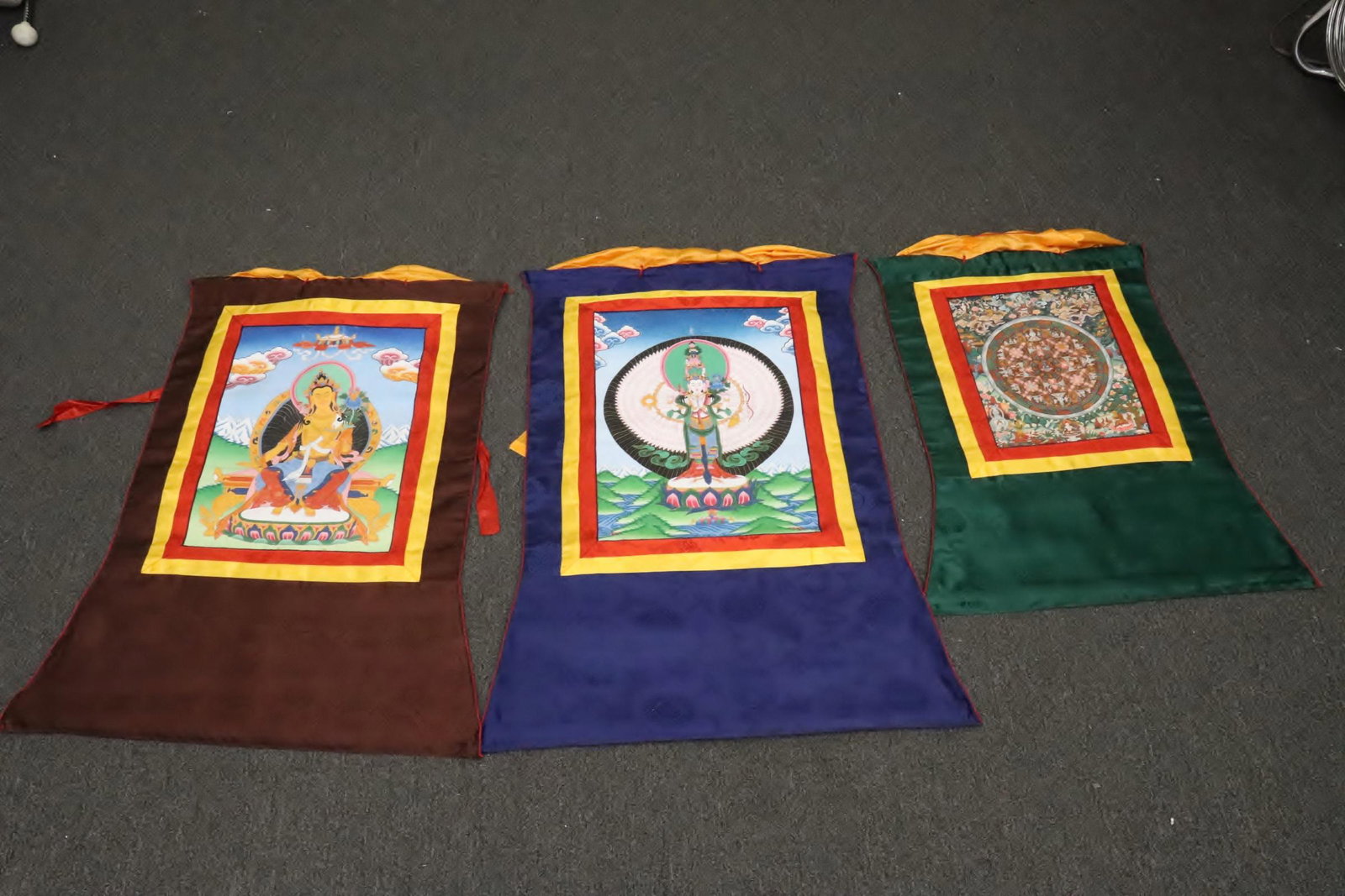 3 Tibetan hand painted thangka: 3 Tibetan hand painted thangka, 10.7"x8.6" - 15.2"x11.1"