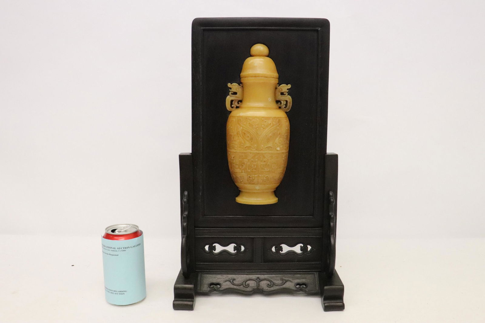 Zitan wood panel w/ Chinese jade like stone carving (1 of 10)