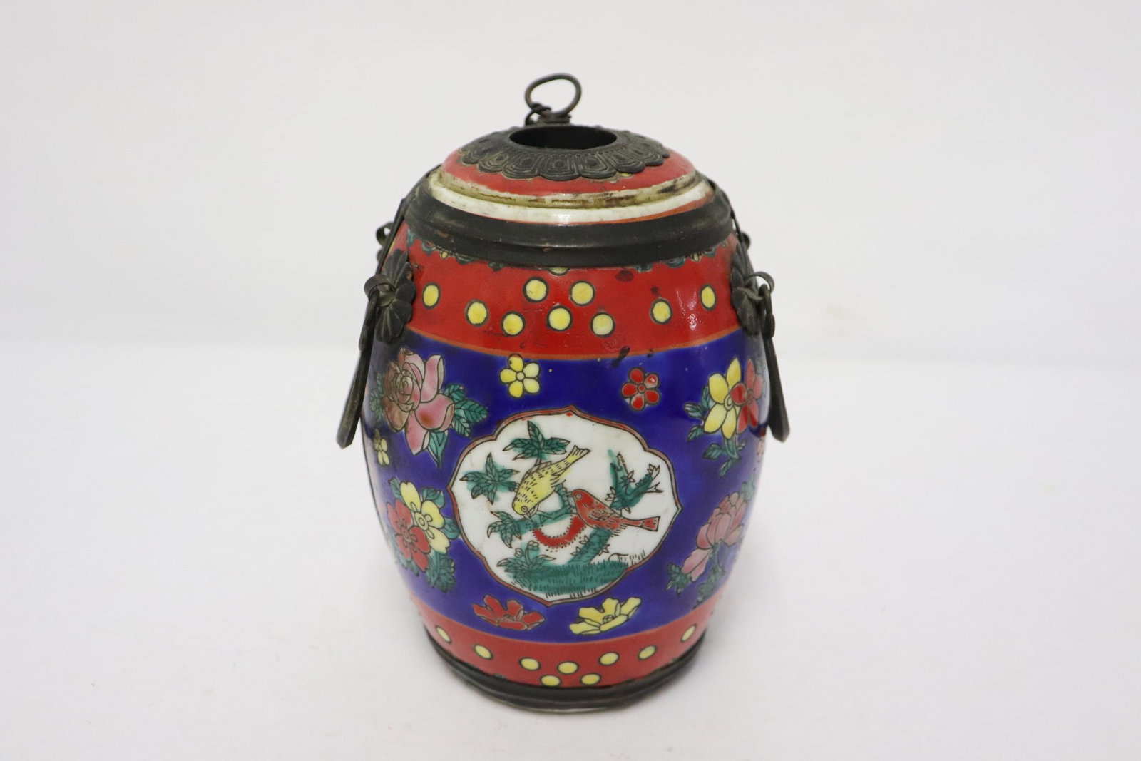 Famille rose jar with metal ormolu and handle: Famille rose jar with metal ormolu and handle, 5.5"x4"dia