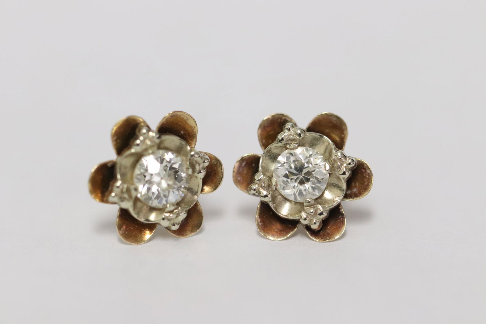Pair 14K Y/G earrings w/ European cut diamonds (1 of 8)