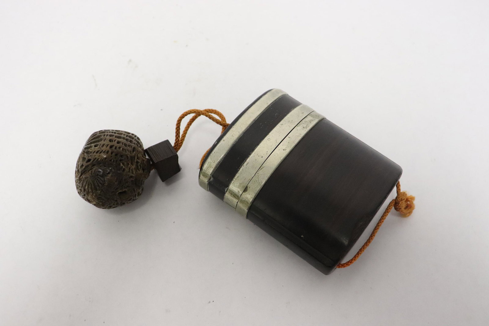Japanese antique wood inro: Japanese antique wood inro (3.3"x2.8"x1.3") with rare large natural wood nut decoration (1.8"x1.45"x1.6")