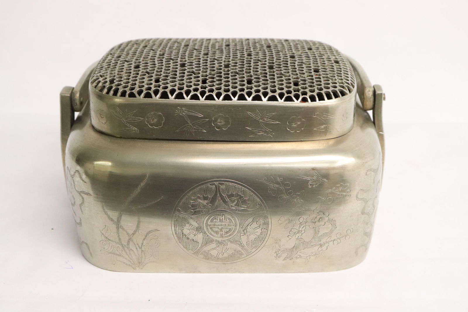 Chinese late 19th c. large white bronze hand censer (1 of 7)