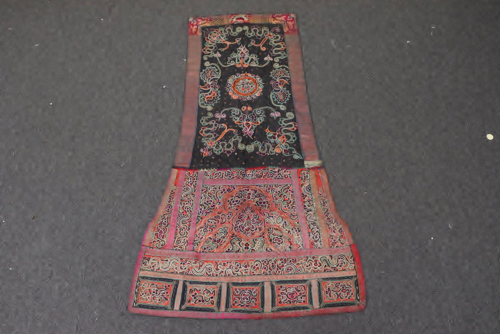 Vintage Chinese embroidery panel: Vintage Chinese embroidery panel, originally for carrying baby, back missing, 39.2"x23.2"