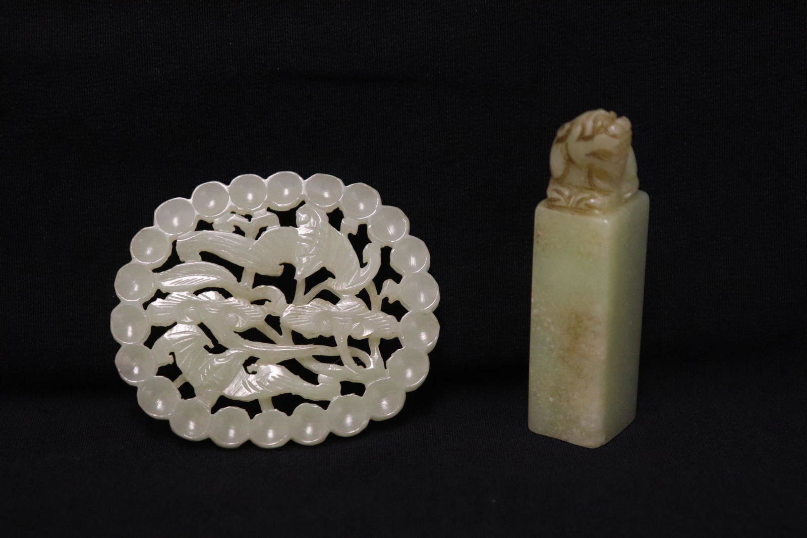 A jade carved plaque & a celadon jade carved seal: A white jade carved plaque (0.2"x2.3"x1.95") and a celadon jade carved seal (2.4"x0.65"x0.6")