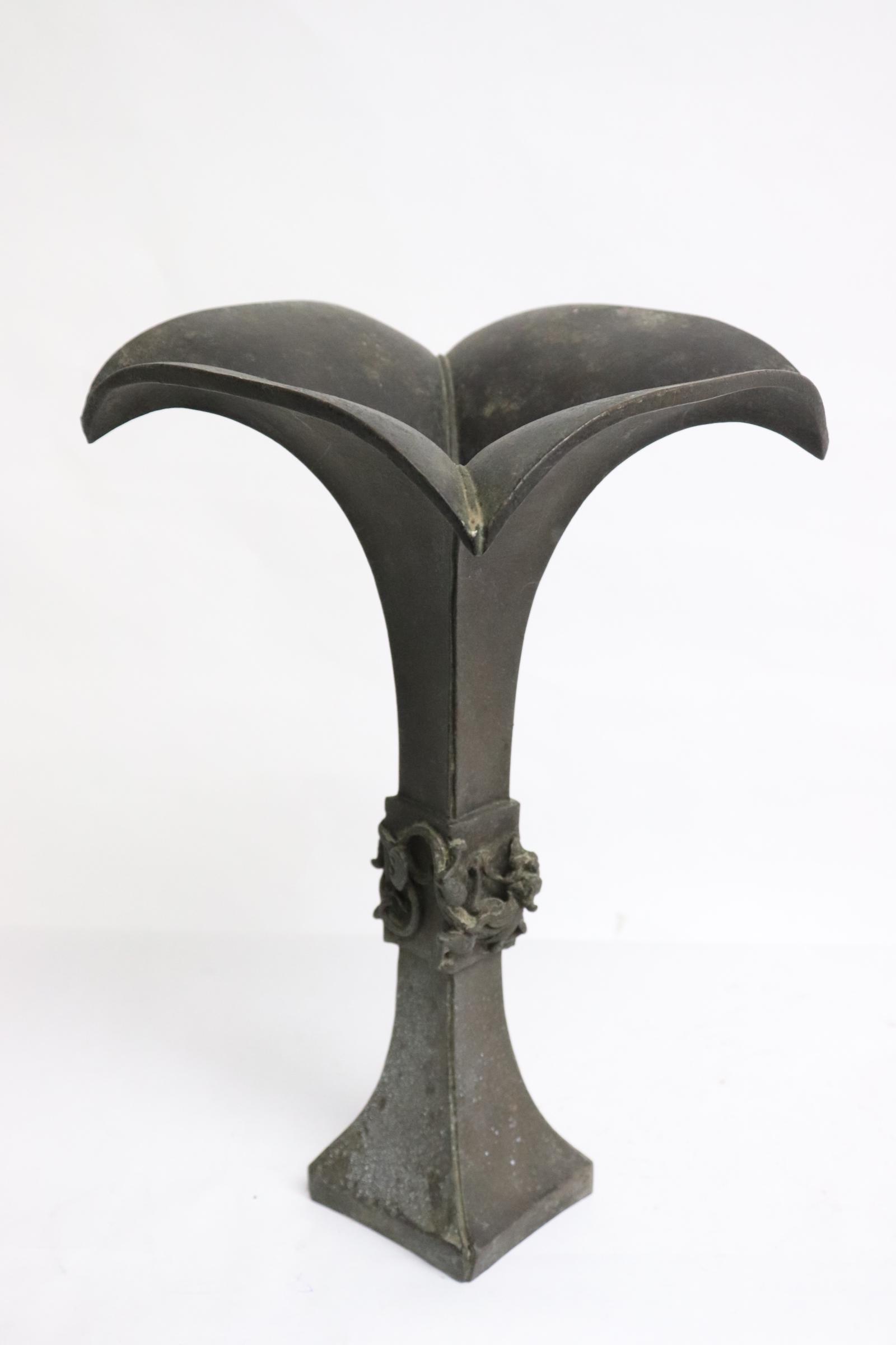 Unusual Chinese antique bronze trumpet vase: Unusual Chinese antique bronze trumpet vase with qilin motif decoration in relief, 10.9"x6.5"x6.5"