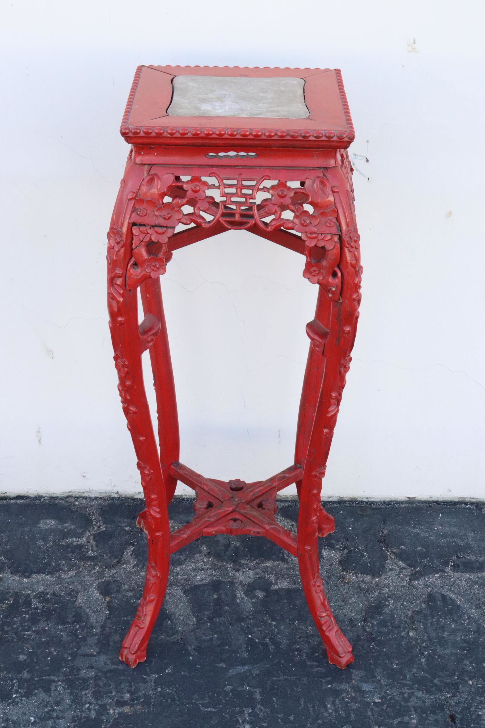 Chinese 19th/20th c. lacquer marble top pedestal stool (1 of 10)