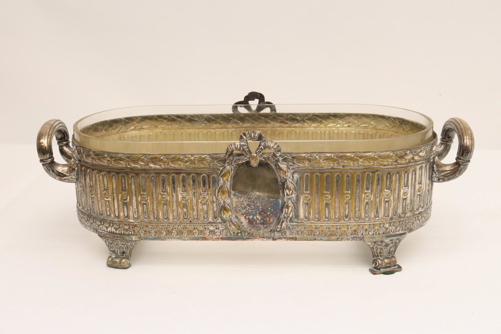 Antique European s/p centerpiece w/ glass insert: Antique European silverplate centerpiece with glass insert, glass insert bottom crack, 5.9"x17.95"x7.1"