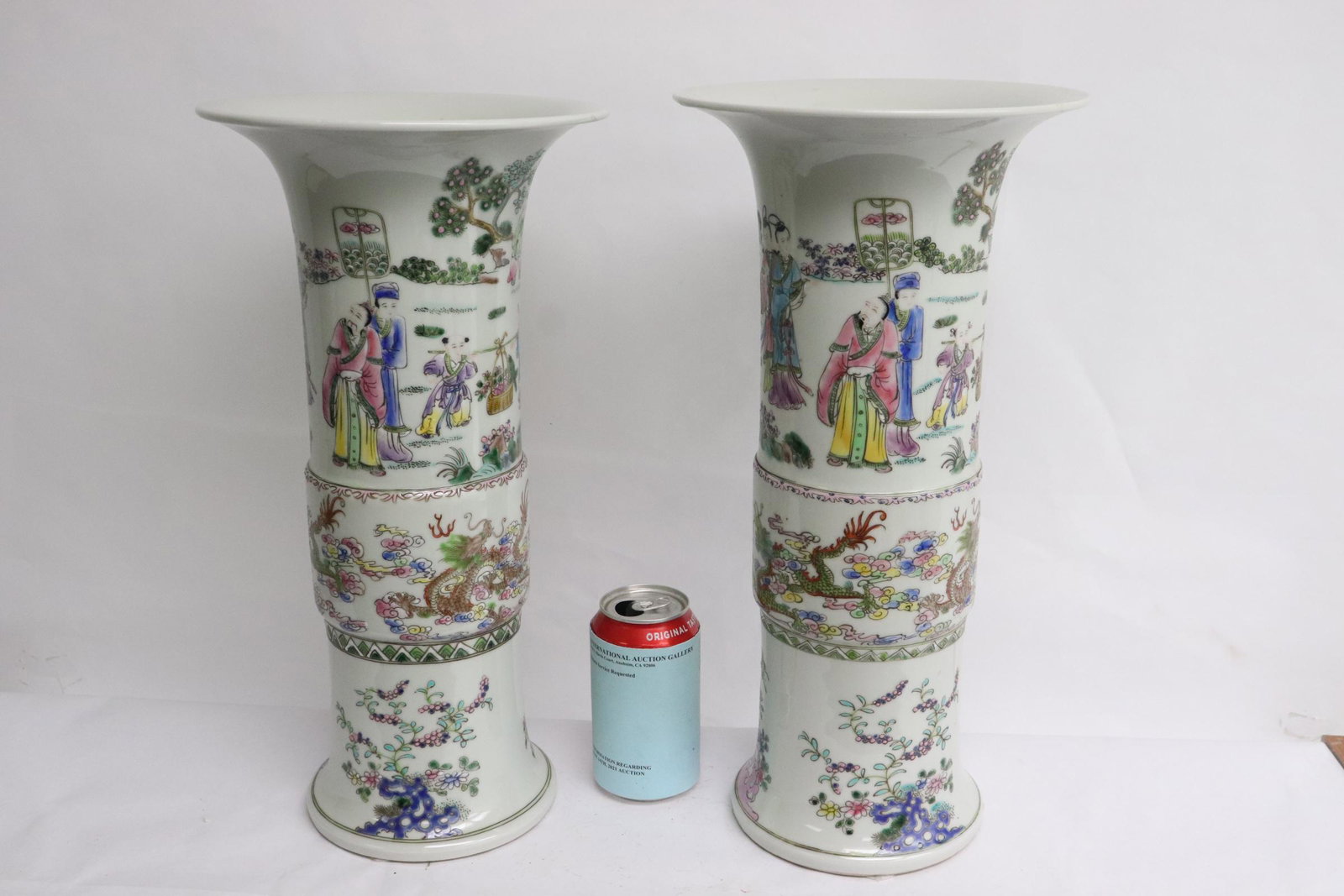 Pair Chinese famille rose porcelain straight vases: Pair beautiful Chinese famille rose porcelain straight vases, 16.6"x8.3"dia