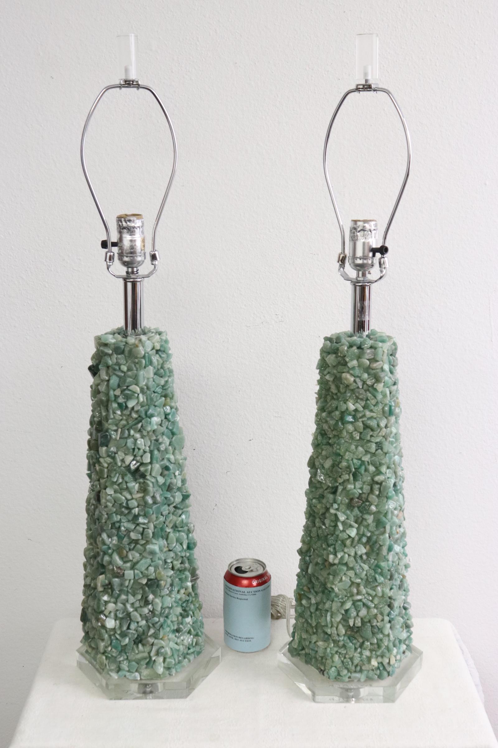 Pair green quartz decorated lamps: Pair green quartz decorated lamps, 32.5"H