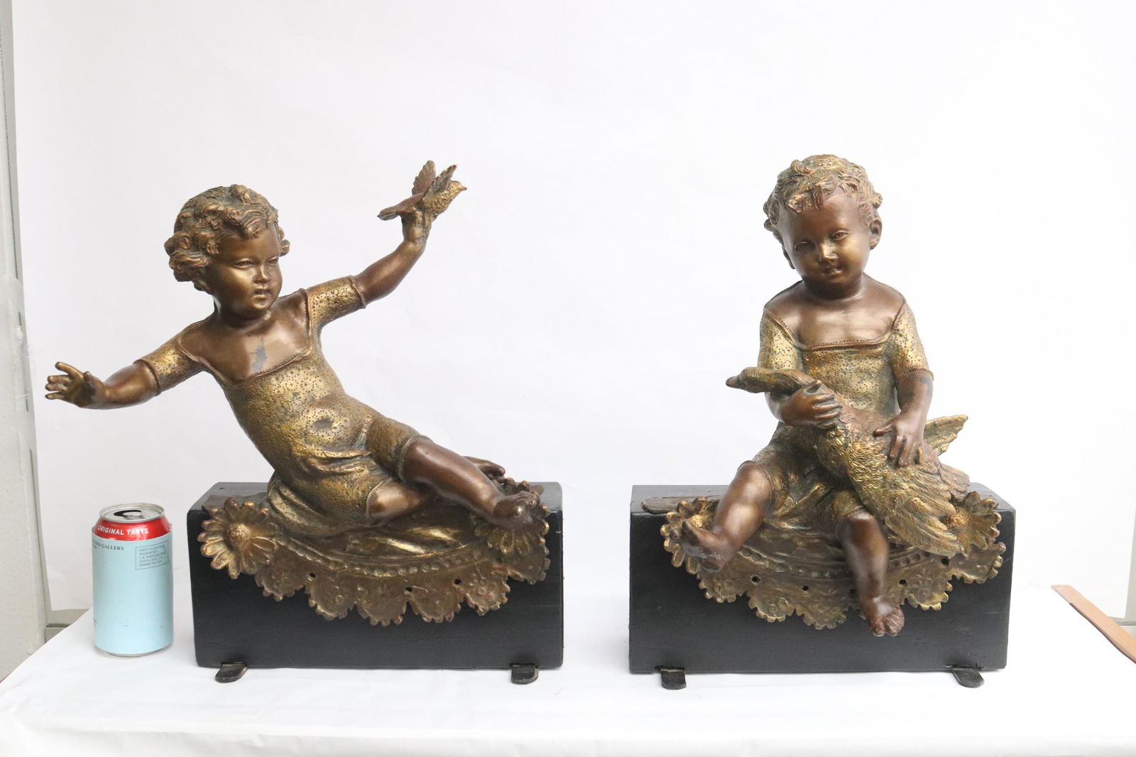 Pr antique French painted metal cherubs on wood base (1 of 9)