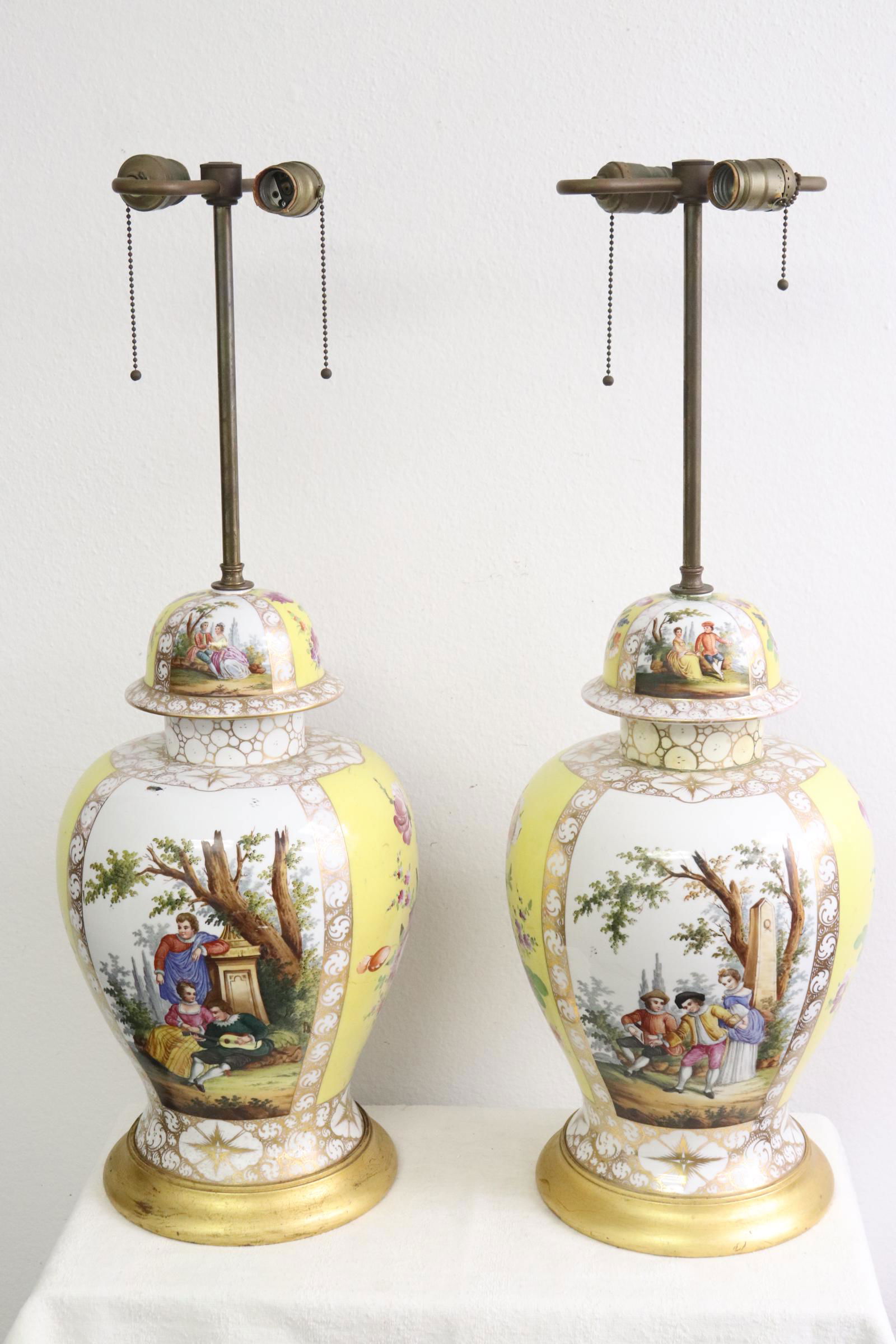 Pr antique German porcelain covered jars, made as lamps (1 of 10)