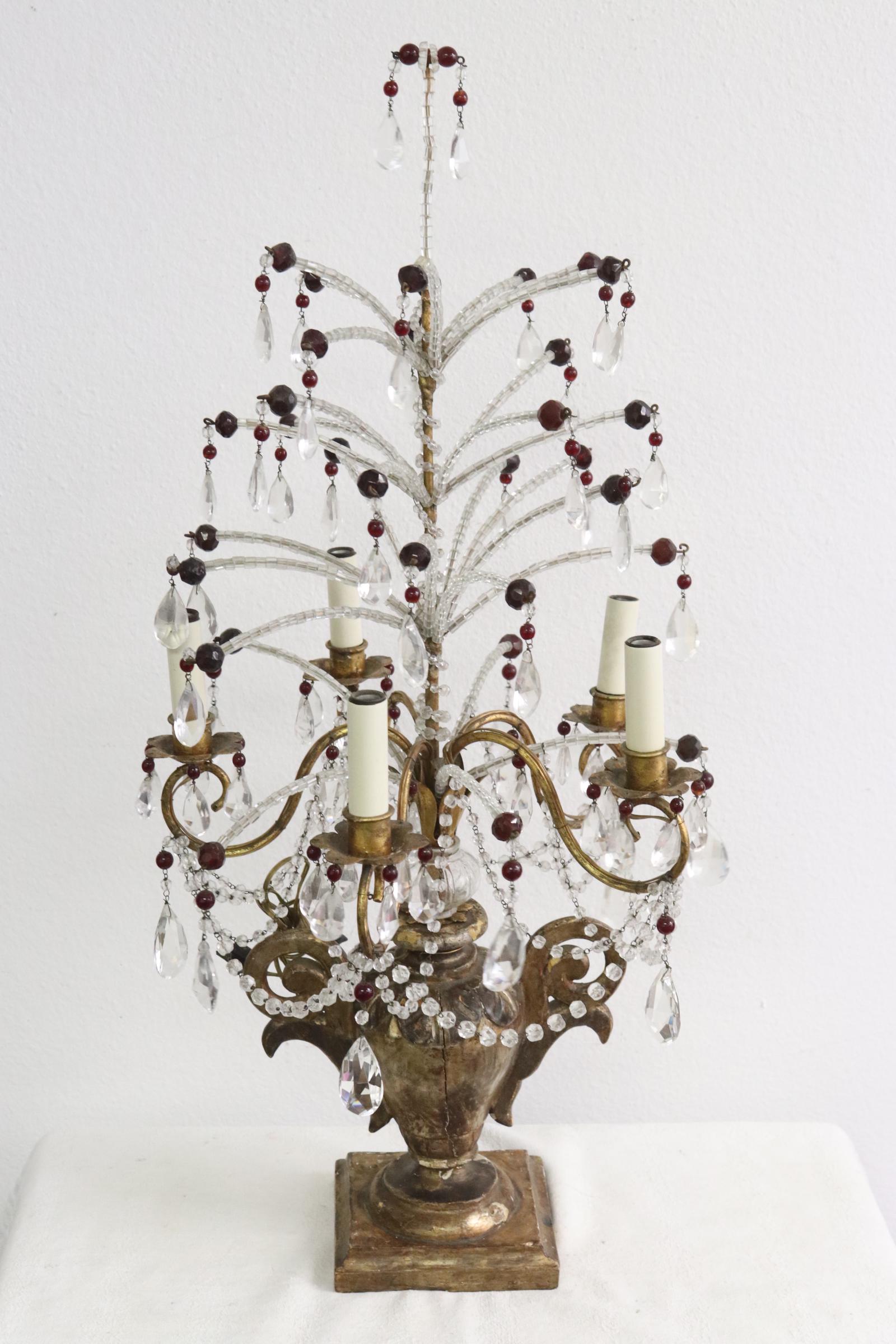 Antique giltwood girandole decorated w/ crystal: Antique Italian giltwood girandole with clear and ruby crystal decoration, 28.3"H