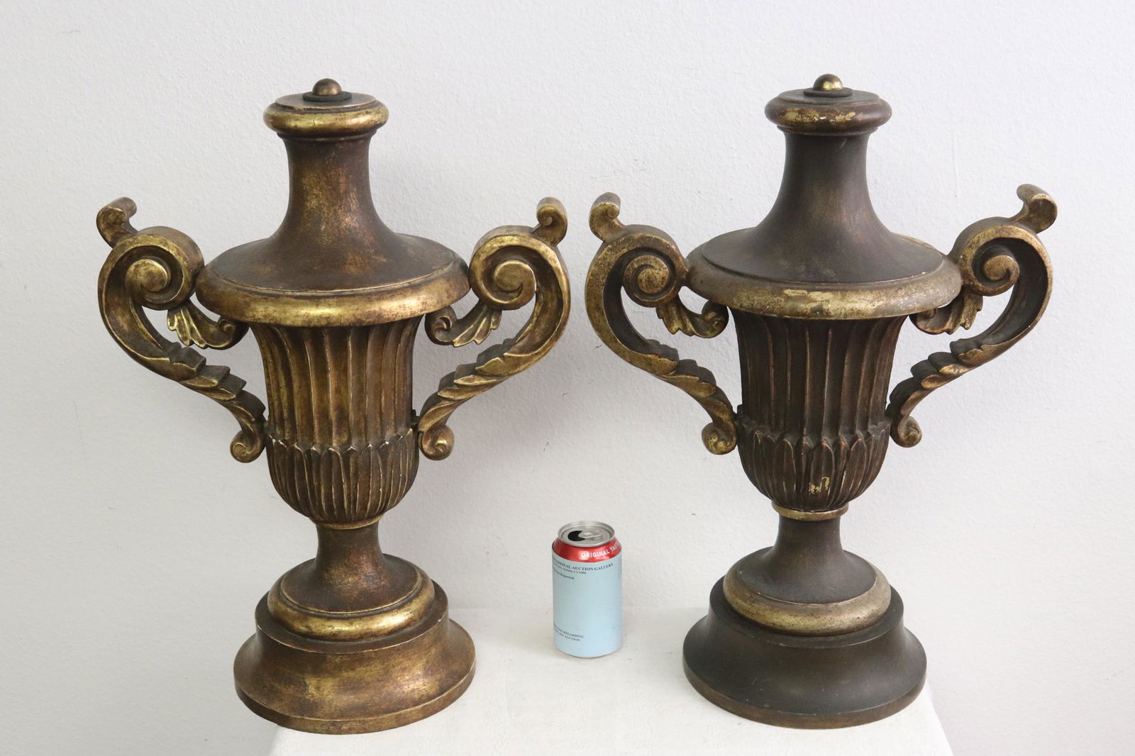 Pair Italian painted urns: Pair Italian painted urns; one made of wood (22"x16.4"x9.4"), one appear to be earthenware (22"x15.6"x9.4")