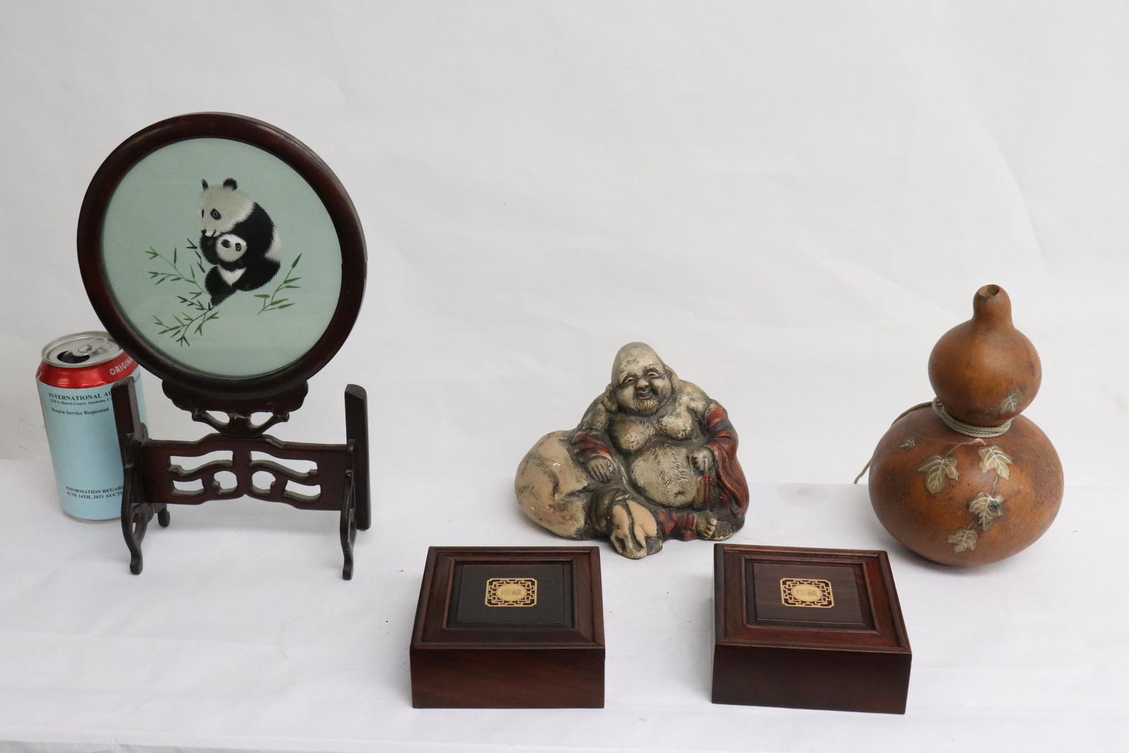 5 pieces: 5 pieces; 2 rosewood boxes (1.65"x4.05"x4.05"), framed embroidery with panda on stand (11.4"x6.4"x3.2"), vintage gourd (7.7"x4.6"dia) and a vintage earthenware sculpture of deity (4.8"H)