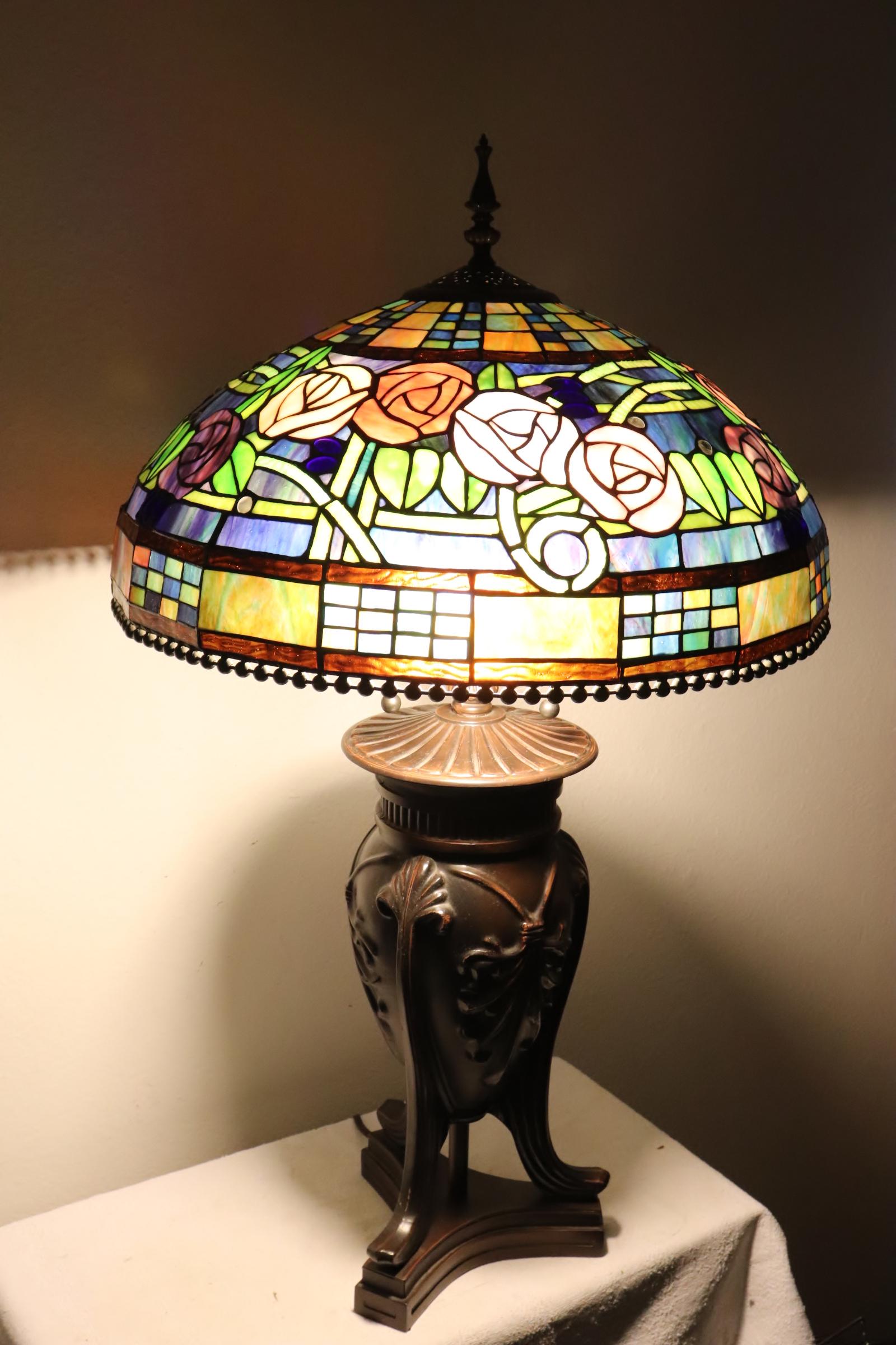 bronze based table lamp with lead glass shade (1 of 11)