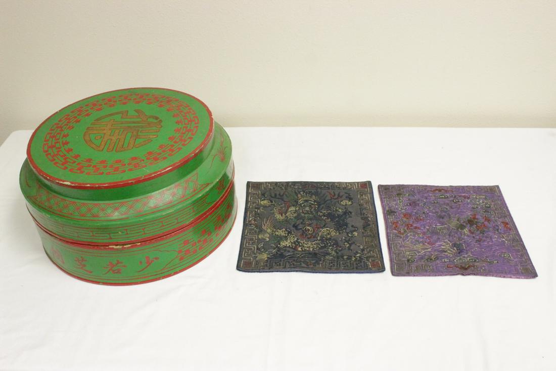 Chinese wedding lacquer box & 2 embroidery panels (1 of 9)