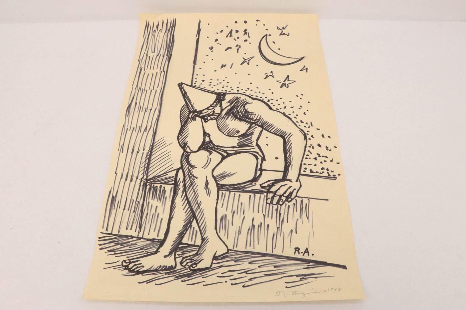 Ink/ charcoal on paper by Raul Anguiano, dated: Ink/ charcoal on paper "seat figure" by Raul Anguiano (California/ Mexico, 1915-2006), dated 1948, 23.7"x15.3"
