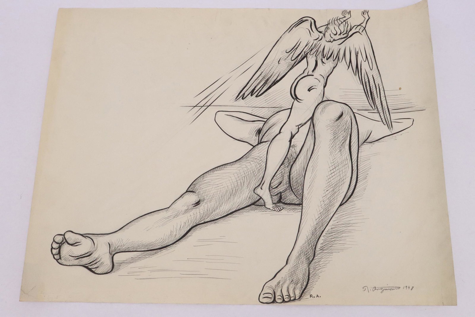 Ink/ charcoal on paper by Raul Anguiano, dated: Ink/ charcoal on paper "angel and nude male" by Raul Anguiano (California/ Mexico, 1915-2006), repair on top center, dated 1948, 19.6"x25.5"