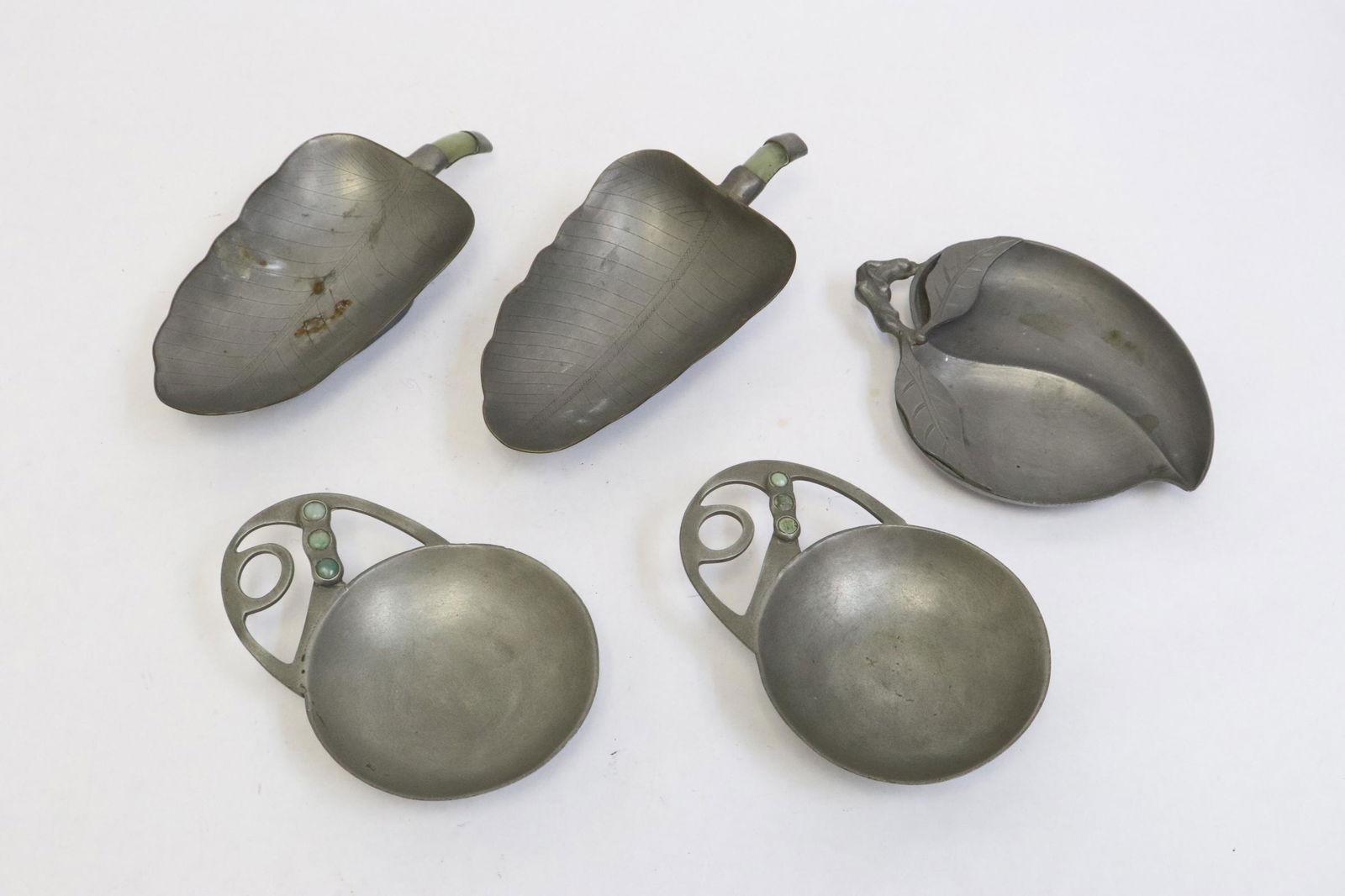 5 Chinese antique pewter dishes decorated w/ jade/ jadeite (1 of 10)