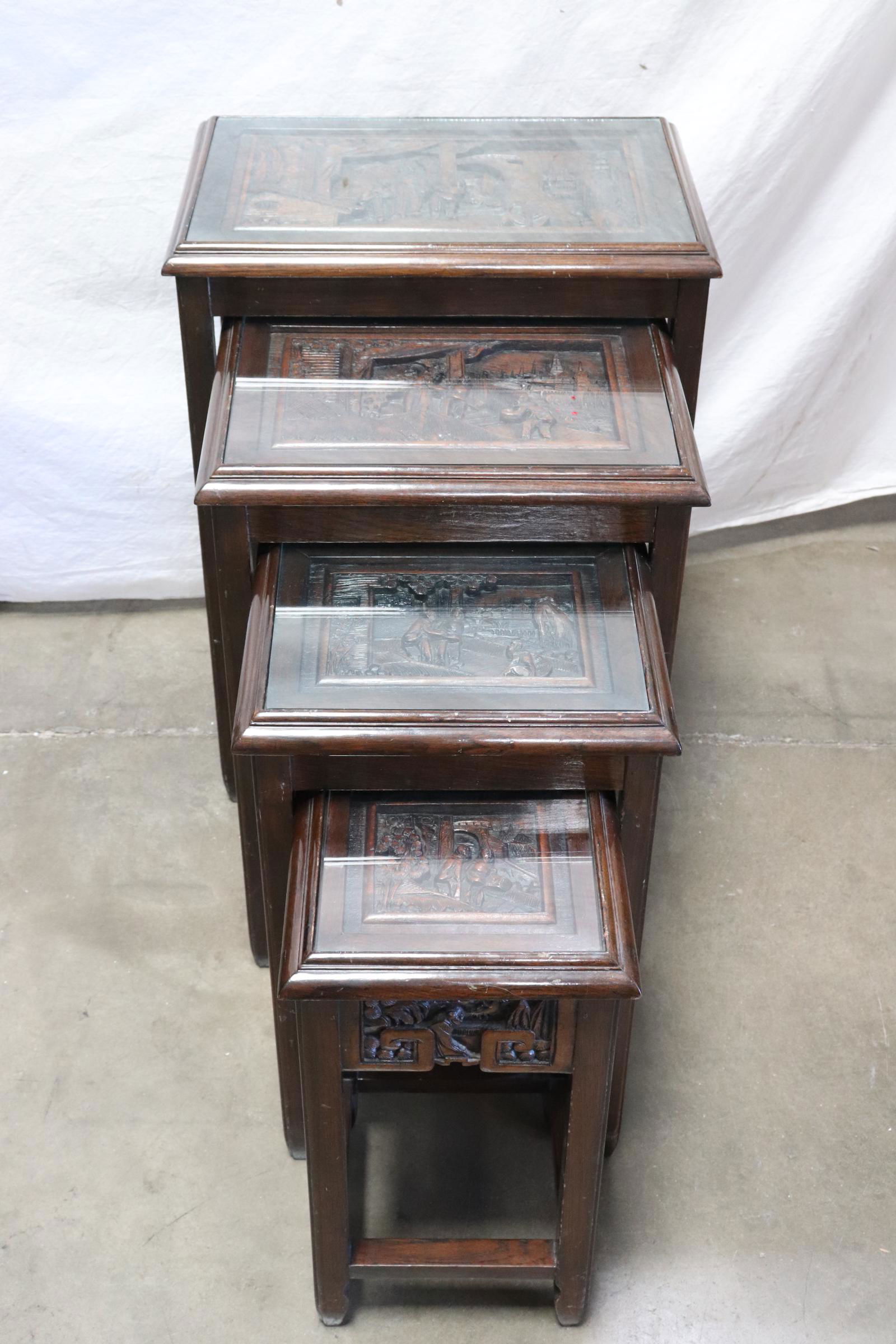 4 Chinese carved camphor wood nested tables (1 of 9)