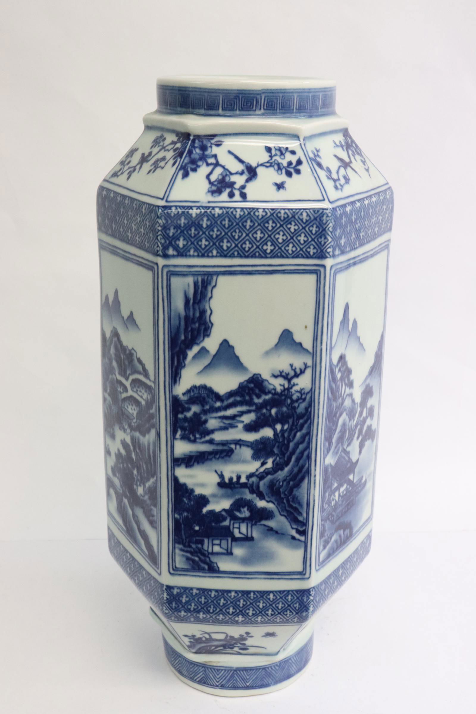 Chinese blue and white hexagonal porcelain vase (1 of 9)