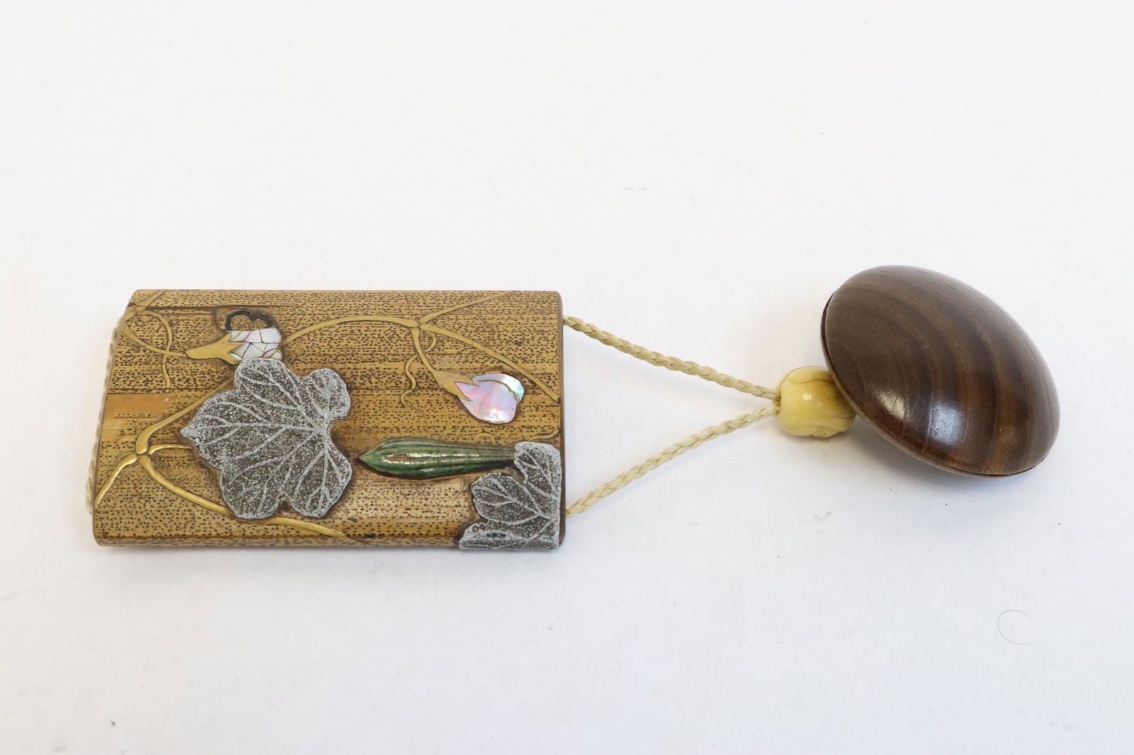 Japanese 19th c. bamboo carved medicine inro(?): Beautiful Japanese 19th century bamboo carved medicine inro (?, 3.5"x2.2"x0.65") with compartment house 3 miniature medicine boxes, attached to a bone carved ojime bead (0.65"x0.55"dia), with overlay