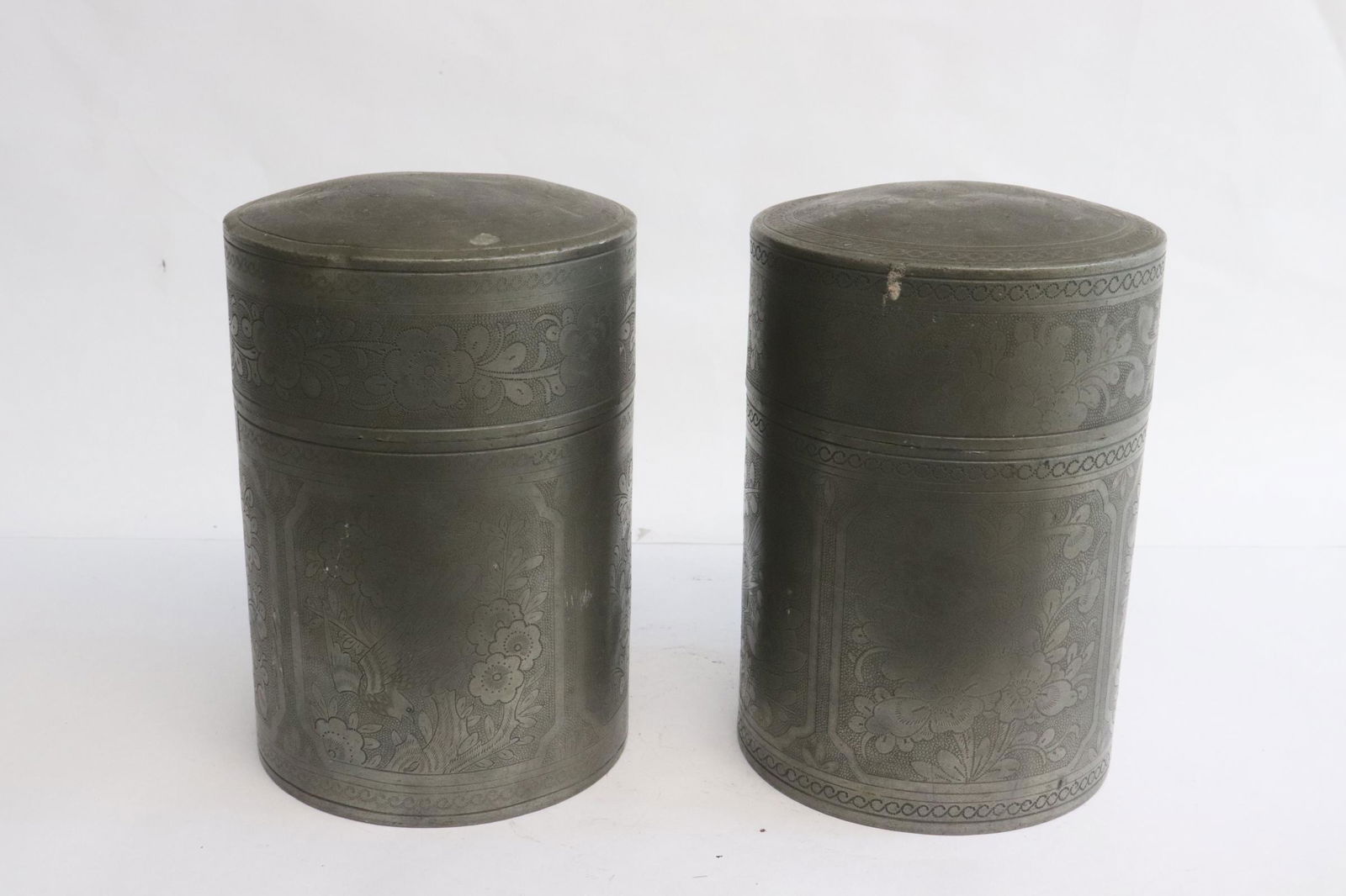 Pair Chinese antique pewter tea caddies (1 of 9)
