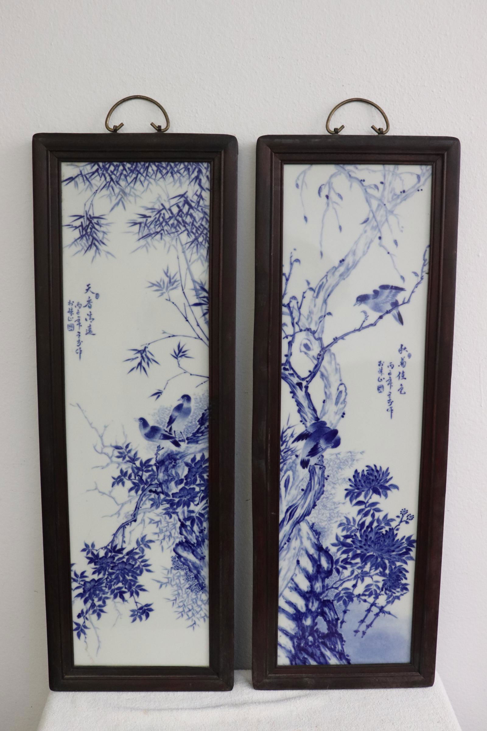 Pair Chinese framed b&w porcelain plaques (1 of 10)