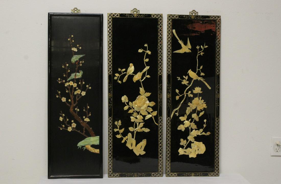 3 Chinese large lacquer panels w/ stone overlay (1 of 11)