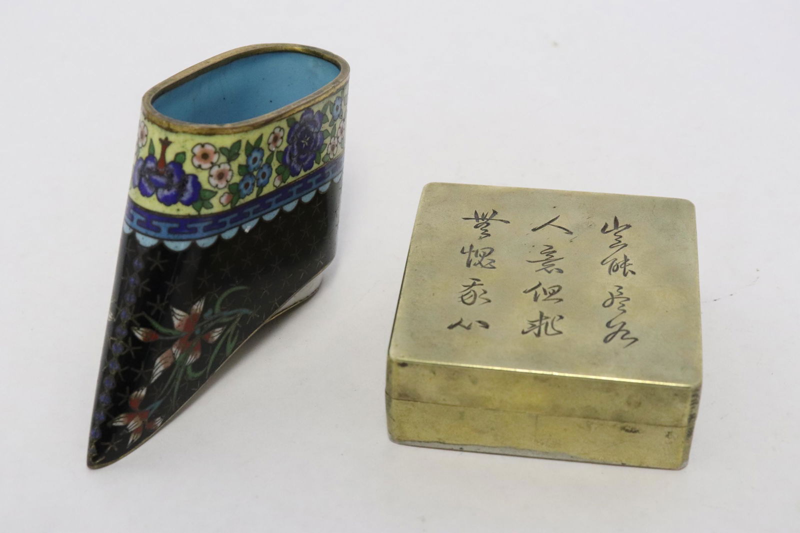 Chinese brass ink box & a cloisonne incense holder (1 of 11)