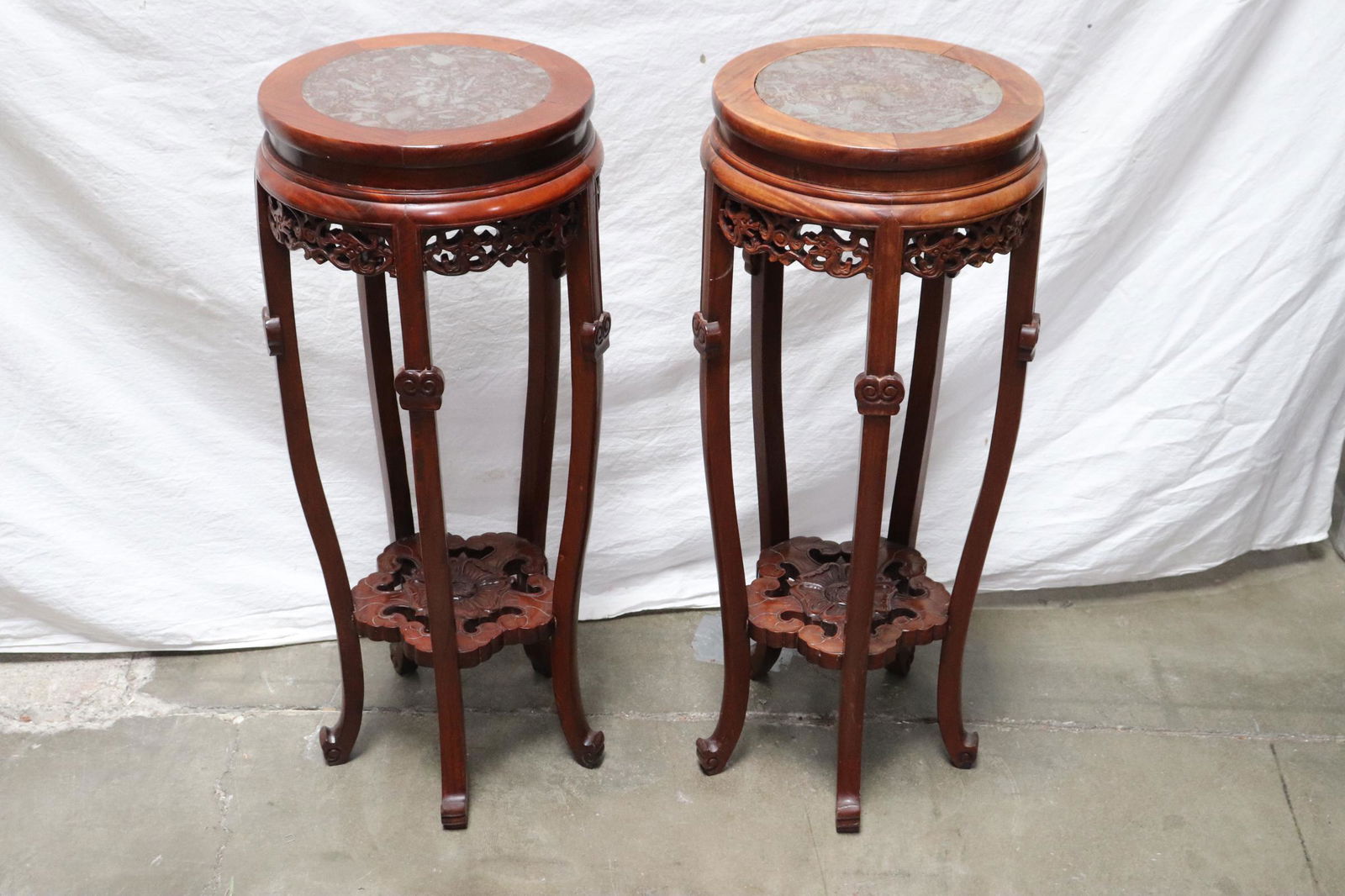 Pair Chinese marble top rosewood pedestal stand (1 of 10)