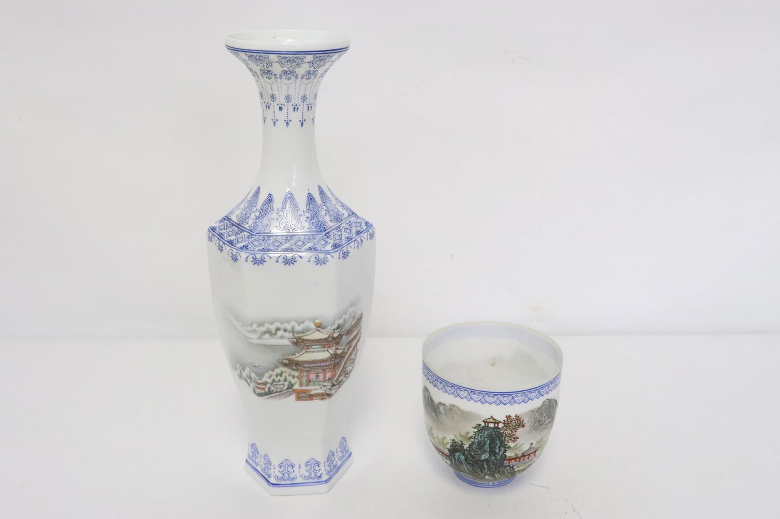 2 eggshell pieces: 2 pieces; an eggshell porcelain tea bowl (3.15"x3.1"dia), and an eggshell vase (9.8"x3.2"x3.2")