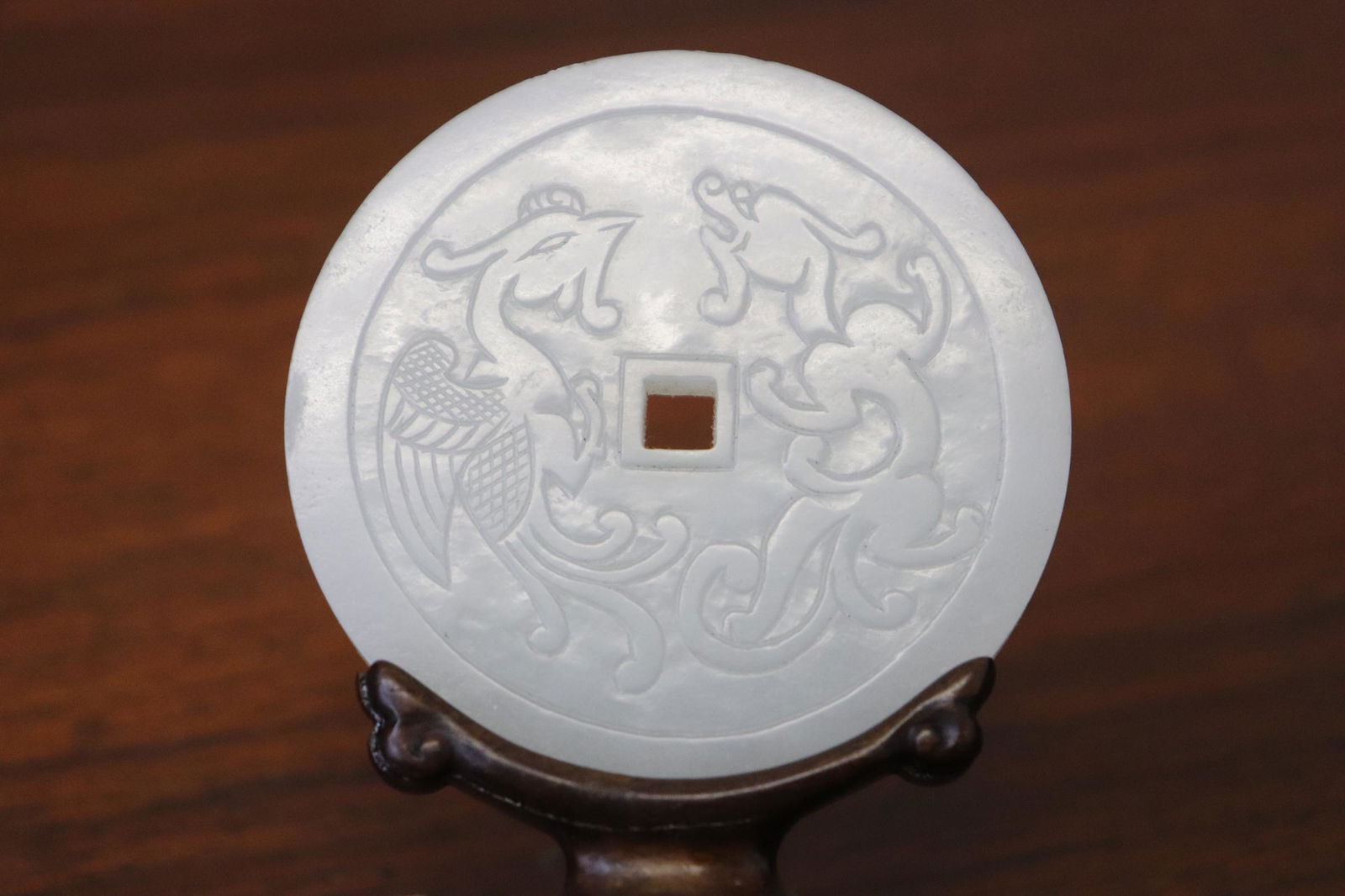 Fine Chinese white jade carved disc on stand (1 of 5)
