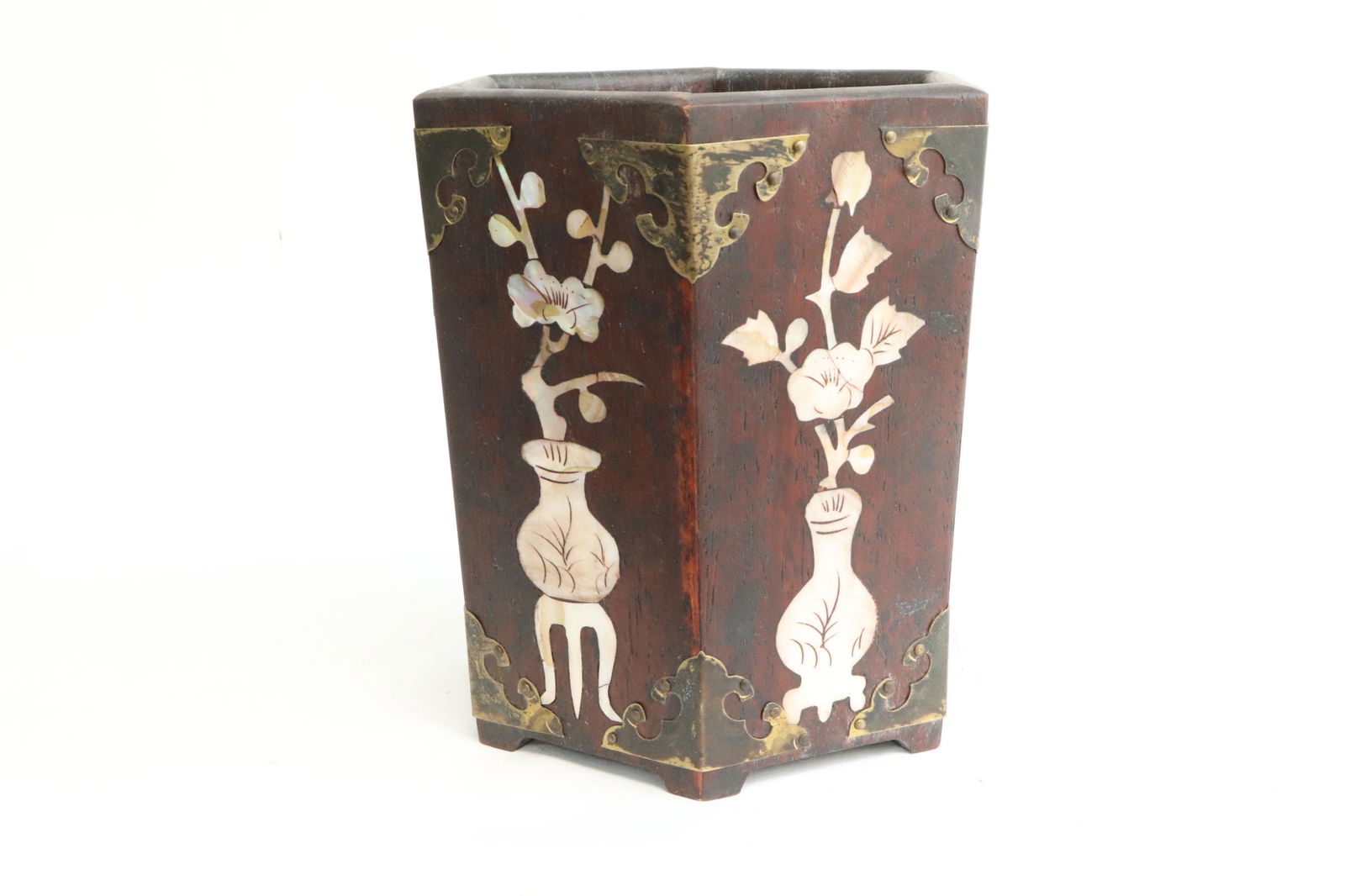 Hexagonal wood brush holder with MOP inlaid (1 of 7)