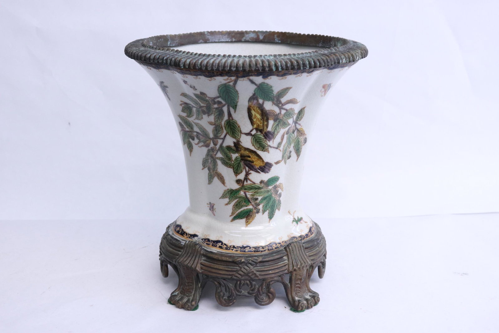 Porcelain vase with bronze ormolu: Porcelain vase with bronze ormolu, 9.36"x8.6"x7.5"