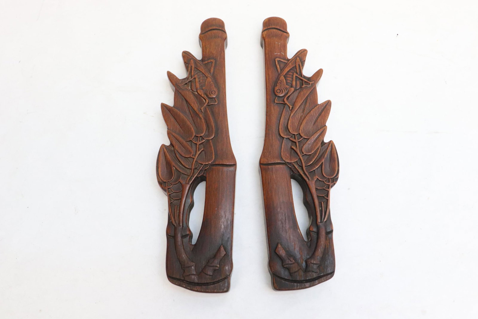 Pair Chinese wood carved scroll weights (1 of 9)