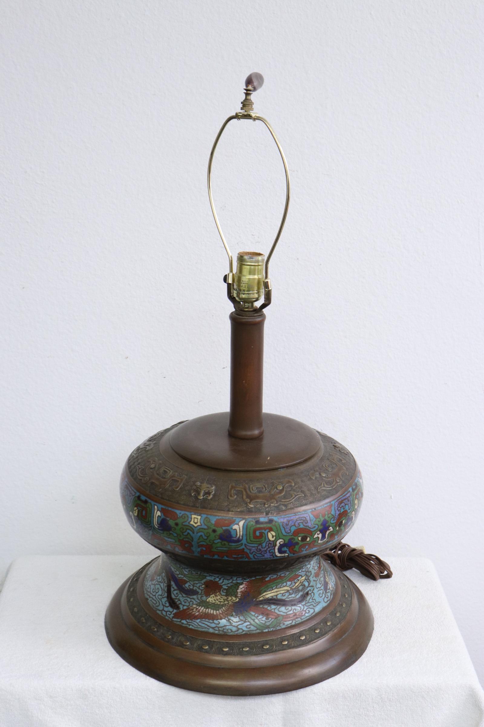 Chinese antique bronze based cloisonne jar, made as lamp (1 of 11)