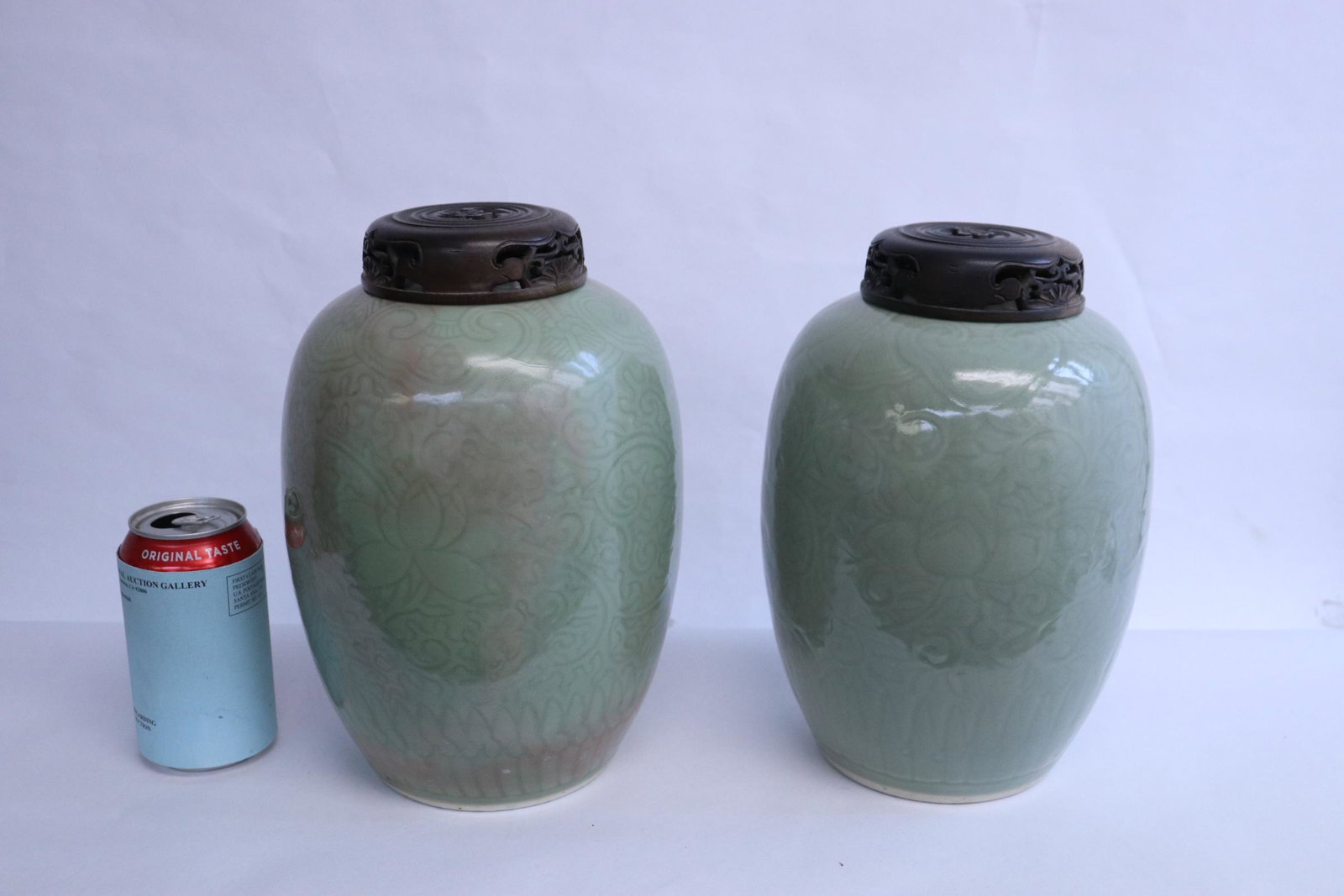 Pair Chinese vintage celadon jars, wood cover (1 of 11)