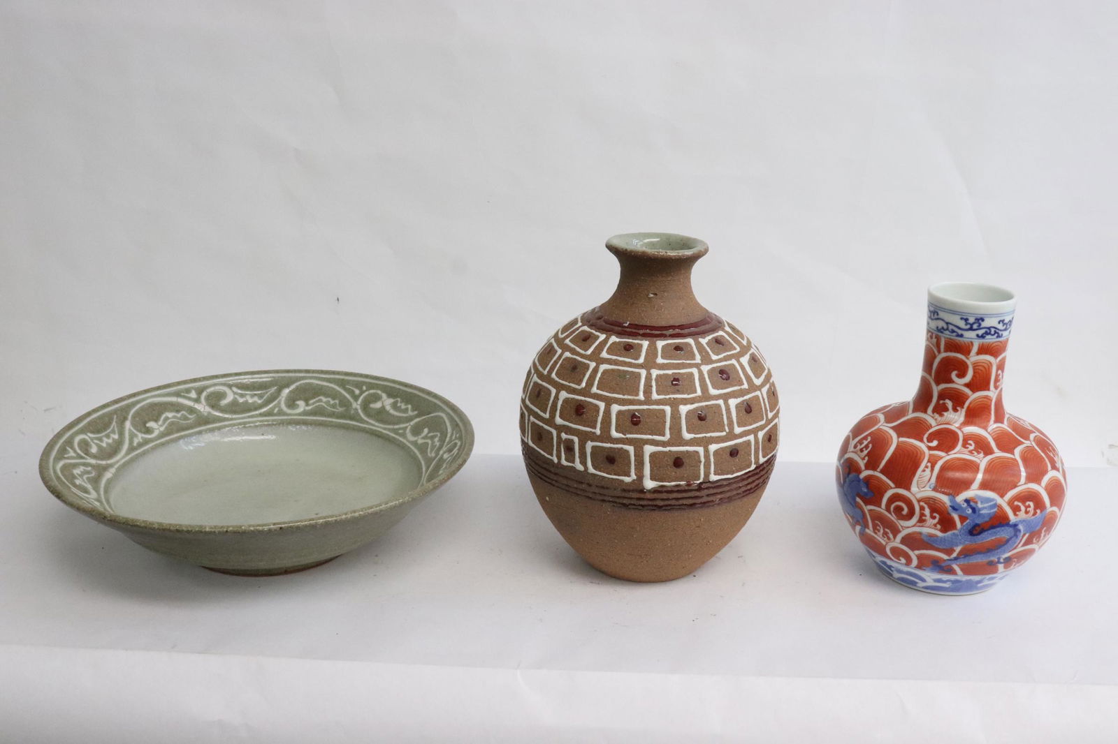 2 signed earthenware pieces, & a porcelain vase (1 of 11)