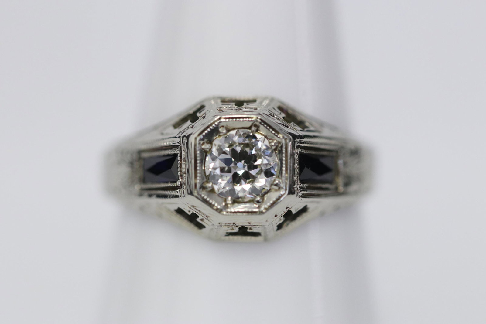 art deco 18K W/G ring w/ diamond & blue stones (1 of 10)