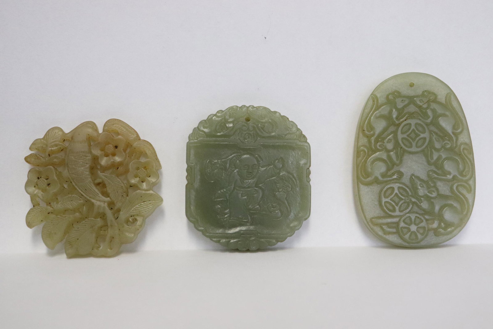3 celadon jade carved ornaments: 3 celadon jade carved ornaments, 0.2"x2"x2.02" - 0.26"x2.47"x1.7"