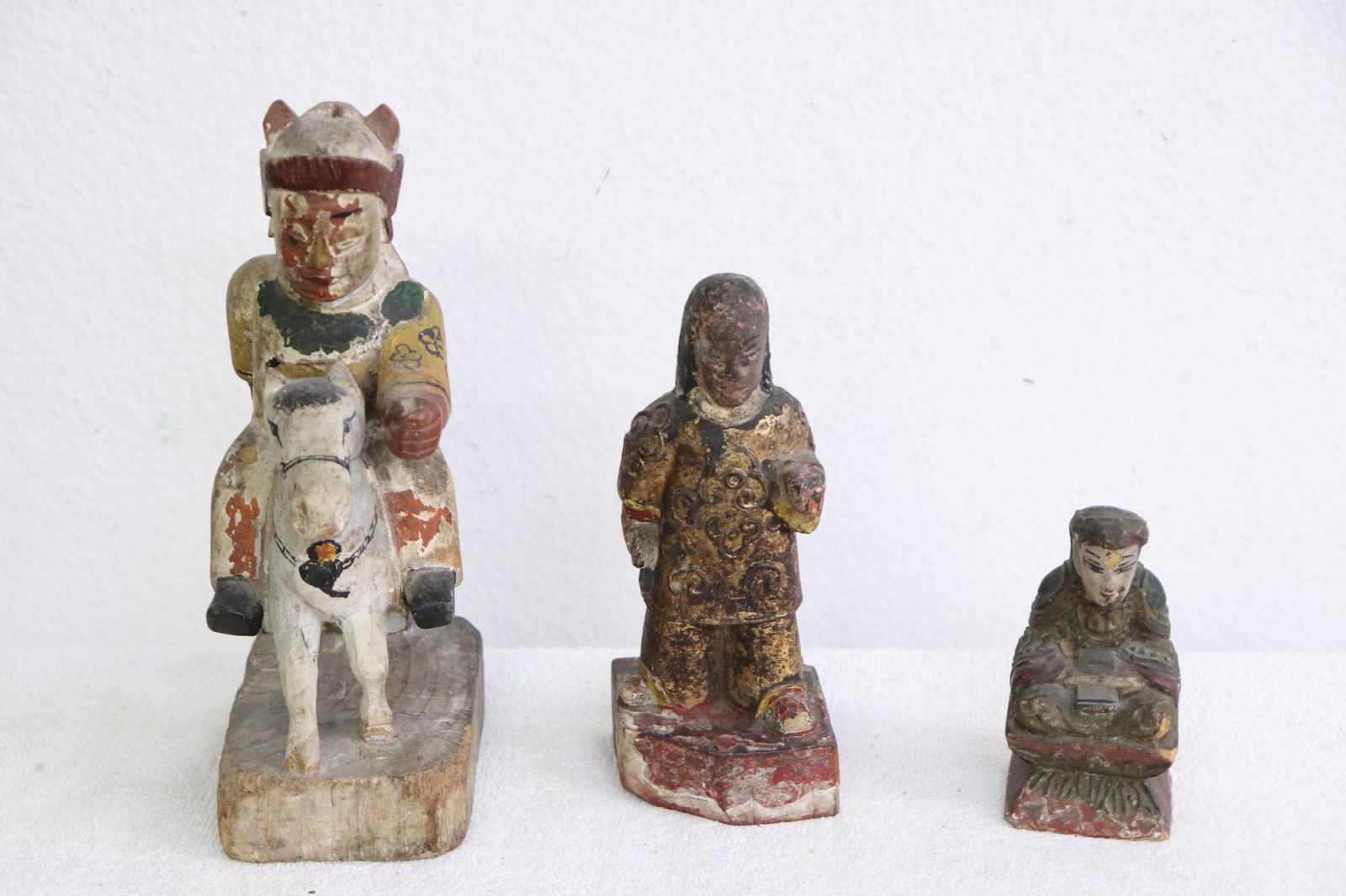 3 Chinese antique wood deities: 3 Chinese antique wood deities, losses, 4.2"H - 8.8"H