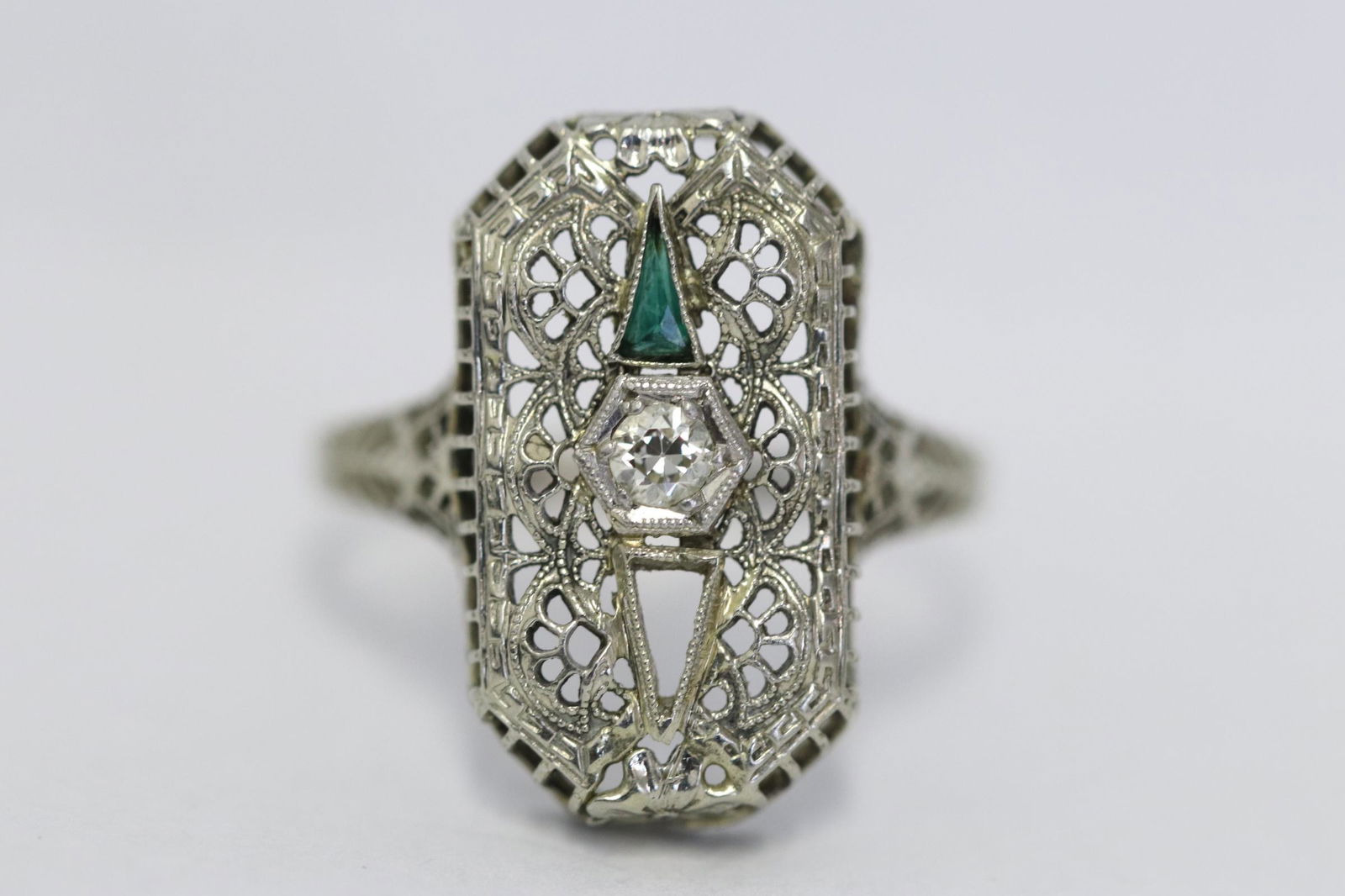 Victorian 14K W/G filigree ring w/ diamond (1 of 8)
