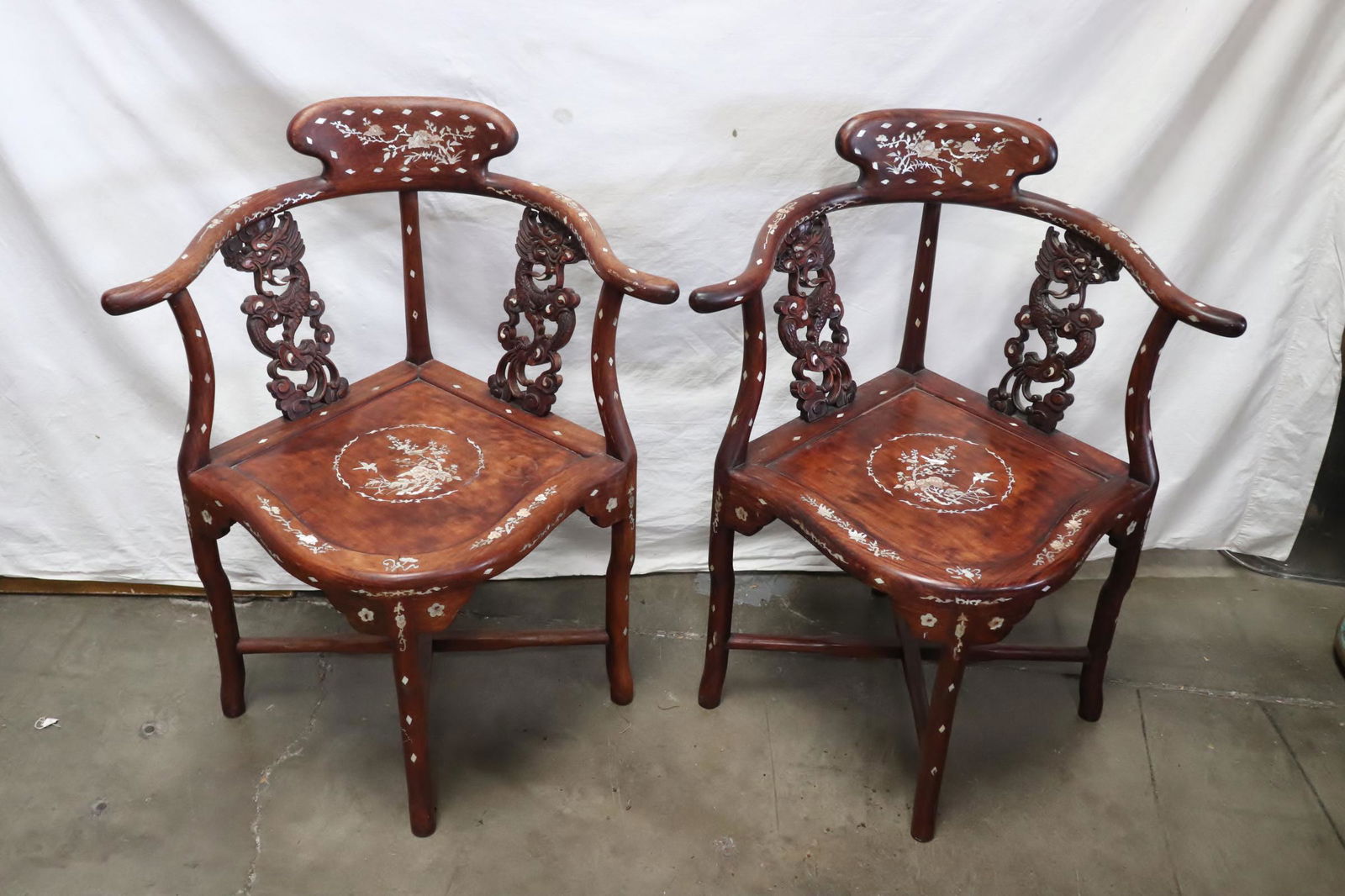 Pair Chinese rosewood corner chairs w/ MOP inlaid (1 of 11)