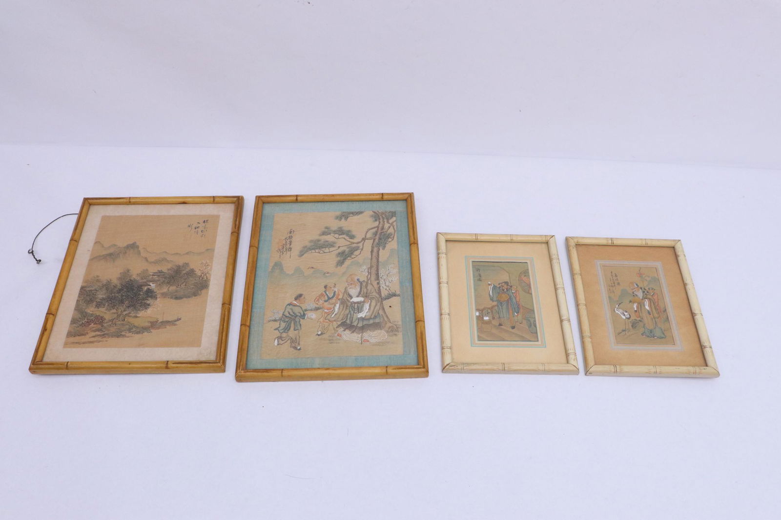 4 Chinese antique framed watercolor panels: 4 Chinese antique framed watercolor panels depicting fairy tale scenes, 5.3"(2), 8.8"x6.8"(2)