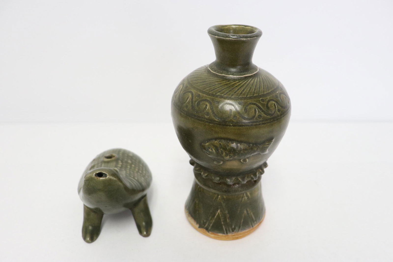 a brown glazed vase, & a green glazed water dripper (1 of 9)