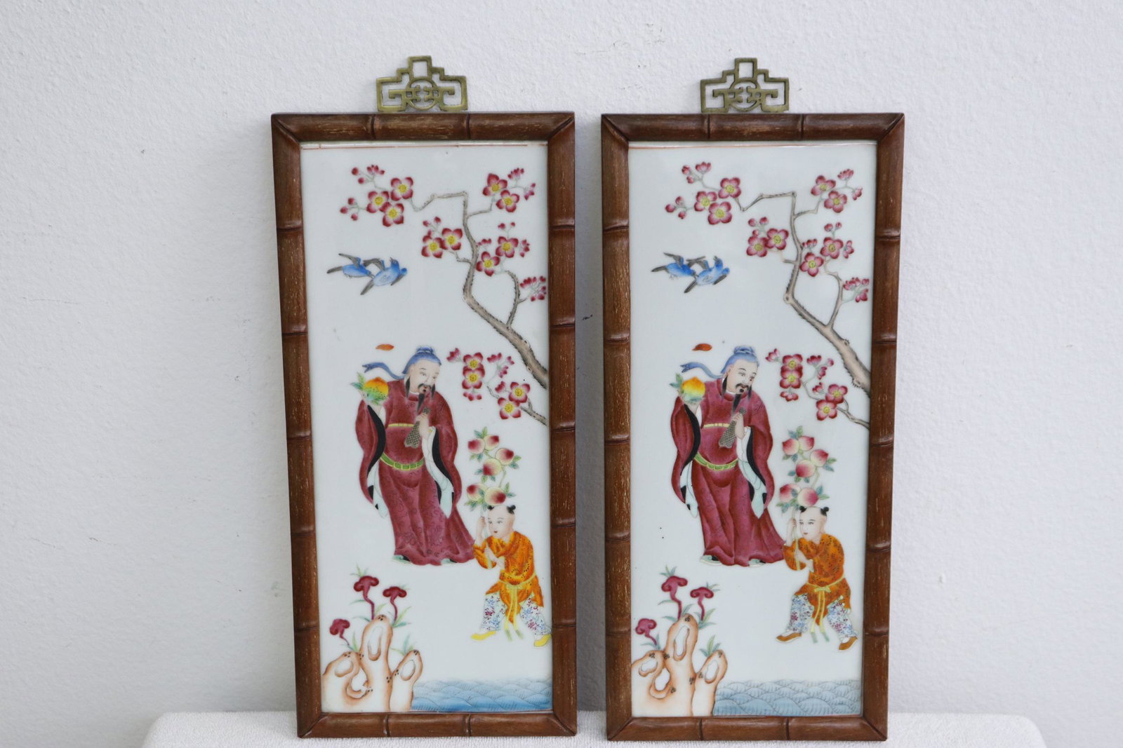 Pair Chinese framed porcelain plaques (1 of 9)